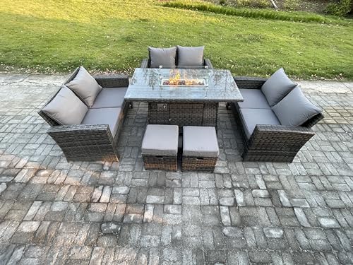 FMSGarden High Back Rattan Garden Furniture Sofa Sets with Outdoor Furniture Gas Firepit Dining Table Set 2 Small Footstools Dark Grey Mixed