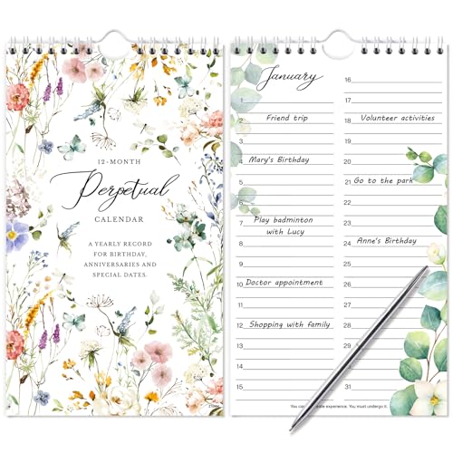 Perpetual Calendar Undated Calendar 12-Month 6 x 10 with 2 Lines Per Days for Birthday Anniversaries Important Days Festivals Reminder Twin-wire Binding Thicker Paper - Floral Flip Scheduler Design