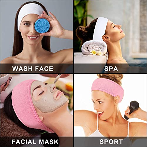 Image of 3 Pcs - Spa Facial Headband for Women Makeup Head Wrap Towel Terry Cloth Sport Headband | Non-Slip Stretchable Adjustble Elastic Polycotton Facial Band for Shower, Yoga, Gym (Multicolor)