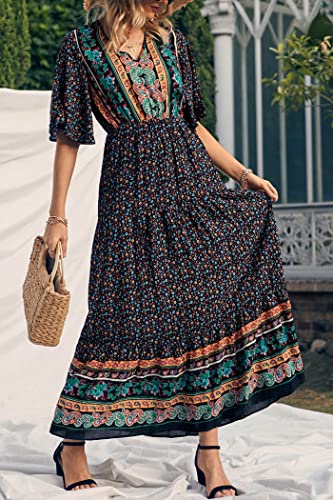 Prettygarden Women'S Casual Summer Boho Floral Print Dress V Neck Short Sleeve High Waist Long Maxi Beach Dresses thumb #6