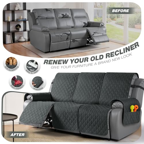 Image of TAOCOCO 100% Waterproof Recliner Covers, Recliner Sofa Covers with Leg Straps, Reversible Recliner Couch Cover for Reclining Chair, Washable Couch Protector for Pets Kids(3 Seater, Dark Gray)