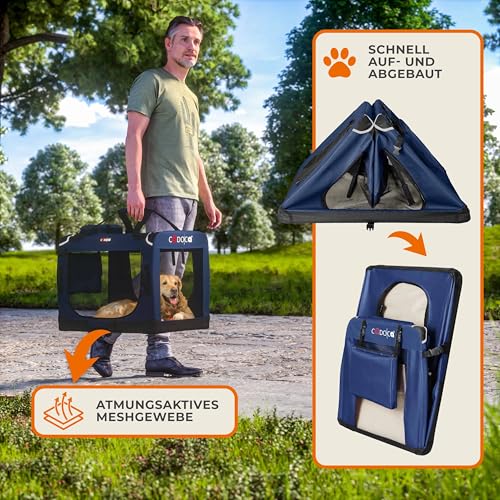 CADOCA® Hundebox faltbar Transportbox M 60x42x44cm robust atmungsaktiv Transporttasche Auto Rückbank Haustiertransportbox Hundetragetasche Navyblau