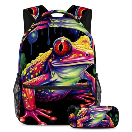 Cartables de grande capacité Art Colorful Frog et leur trousse à crayons assortie pour ados