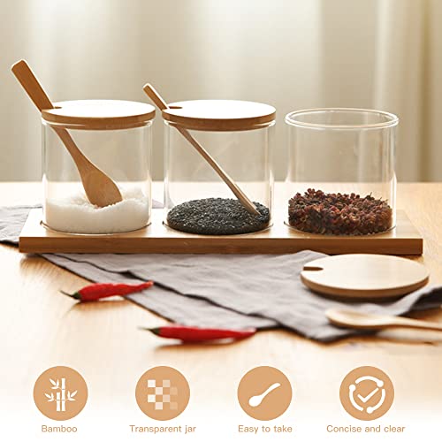 Clear Glass Jar Condiment Canisters Pots 3 Pcs Set, Decorative Storage Seasoning Glass Condiment Containers With Lids Bamboo Spoon Lid And Base For Home Kitchen Café Storing Salt Sugar Pepper Spice #TOP5