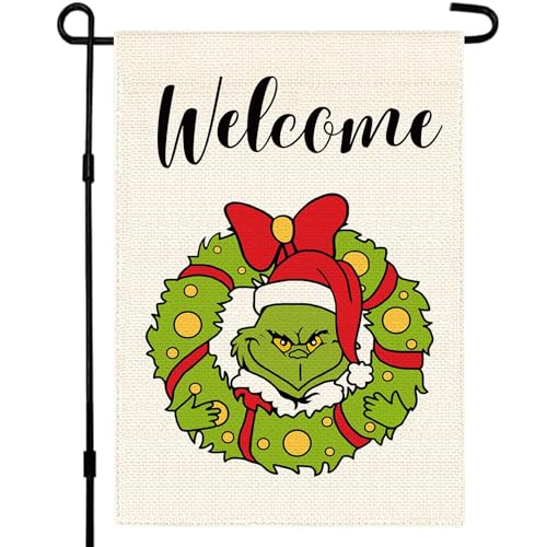 Christmas Grin-ch Garden Flag Double Sided 12x18 inch, Outdoor Yard Winter Holiday Decor for Xmas