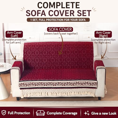 Image of HOKIPO 'Imperial Tassel Series' Thick & Soft Chenille Jacquard Sofa Cover 2 Seater Set for Seat, Back & Arms with Tassels, Royal Red (IN-1010 + IN-1012-I3*2)