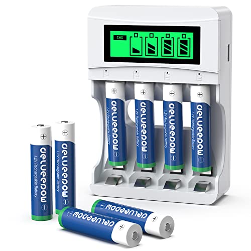 Delyeepow 8 Piles Rechargeables AAA 1100mAh avec Chargeur de Piles AA et AAA 4 Slots, Haute Capacité 1.2V Batterie Rechargeable Chargeur avec Indicateur LCD...