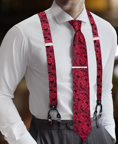 Image of Barry.Wang Men Suspender Set with Necktie Elastic Y Type Heavy Duty 6 Clips Braces Tie Handkerchief Cufflink Pin 6PCS