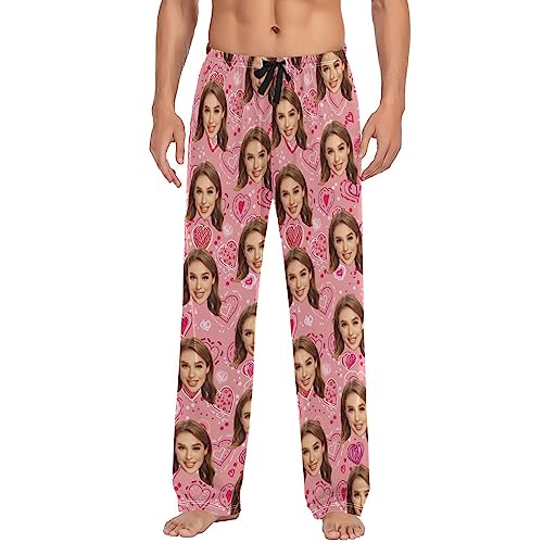 Personalized Photo Face Heart Printed Mens Sleepwear Pajama Pants Custom Casual Pj Bottoms for Husband Dad Boyfriend