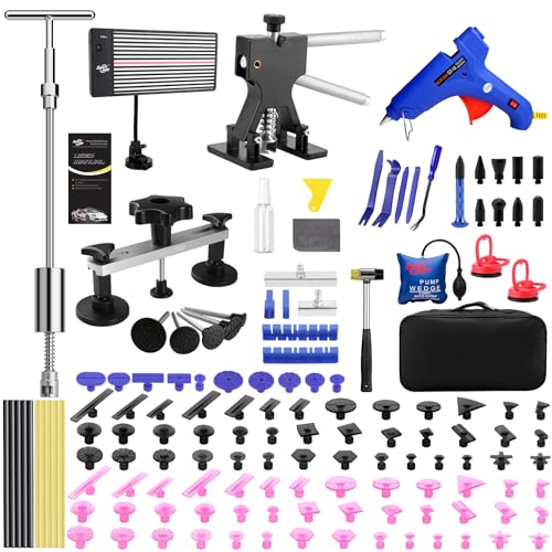 Auto Paintless Dent Removal Kit with LED Line Dent Board,Auto Body Dent Puller Car Dent Removal Tools with Golden Lifter,Glue Gun,Bridge Puller, T-bar Puller,Rubber Hammer,Suction Cup,Tool Bag ect