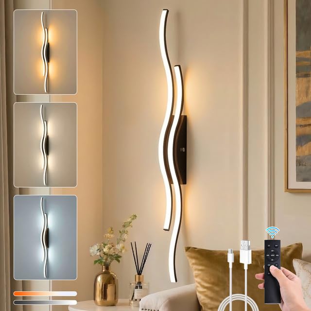 Applique Murale Sans Fil Rechargeable LED, 10000mAh Lampe Murale Intérieur Design Ondulé Moderne avec Télécommande et Tactile, Batterie, 140cm Intensité Variable, 3 Couleurs pour Salon, Chambre, Noir