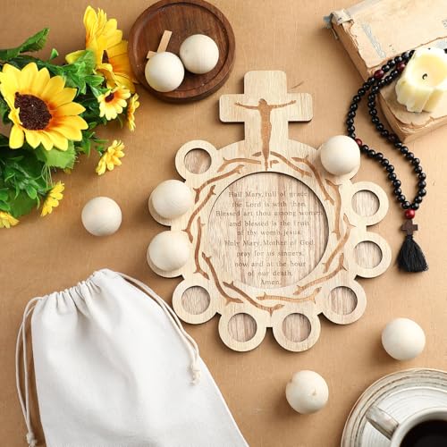 Image of Marsui Wooden Decade Rosary Board Kit with 12 Prayer Bead and Storage Bag Natural Wooden Rosary Religious Educational Tool Catholic Board Catholic Interactive Learning Tool Religious Gift for Adult