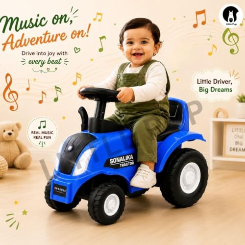 Image of Little Pup Kids Ride On Tractor Toy with Music & Horn, Steering Wheel, Comfortable Backrest, Wide Footrest & Sturdy Wheels for Boys & Girls (Blue)