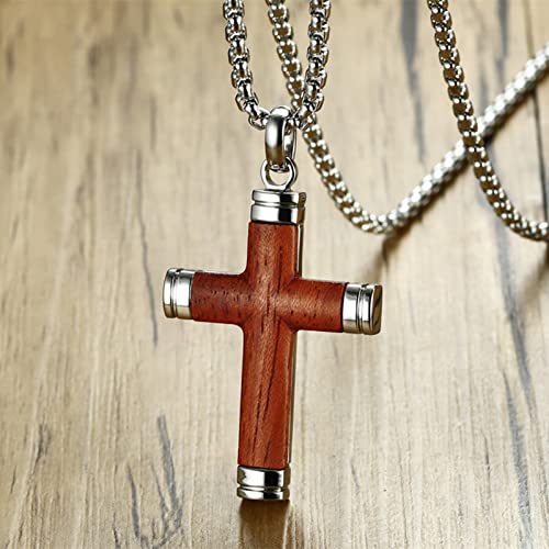 Ropartman Wooden Cross Necklace, Christian Stainless Steel Crucifix Pendant For Men, Hand Inlaid Real Pear Wood Free Necklace 24" Round Box Chain (Original Cross) #TOP3
