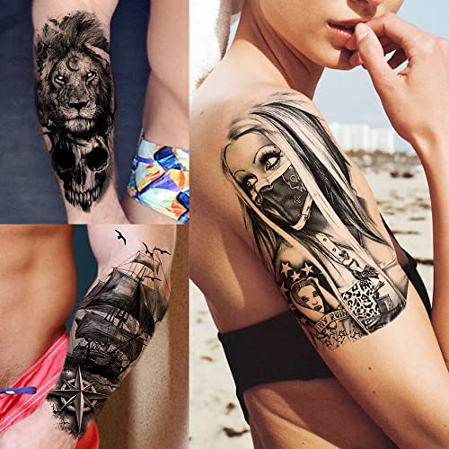 Bilizar 63 Sheets Tribal Wolf Lion Tiger Temporary Tattoos For Men Women Adults, Scary Halloween Skull Gangster Fake Tattoo Stickers Kids, Small 3D Realistic Tattoos Thigh Arm Neck Elephant Warrior