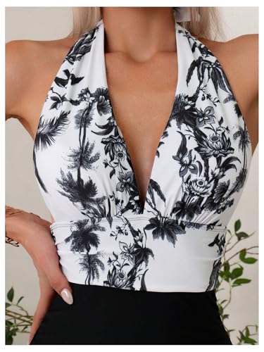 Verdusa Women's Colorblock Tropical One Piece Swimsuit Tummy Control Halter Bathing Suit3