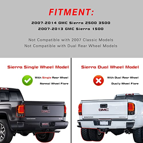 Kkoneauto Tail Lights Compatible With 2007-2013 Gmc Sierra 1500, 2007-2014 Gmc Sierra 2500Hd/3500Hd Pickup, C-Tube Led Signal Tail Lights Brake Lamps Assembly, 1Pair Left + Right #TOP1