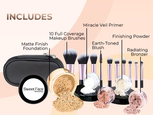 16pc Beginner Mineral Makeup STARTER KIT with 10 BRUSH SET (5gm) Sample Size Foundation, Primer, Blush, Bronzer, Setting Powder for Learning, Occasional Use,First Time Users, Travel Size Kit (Beige) - Image 2