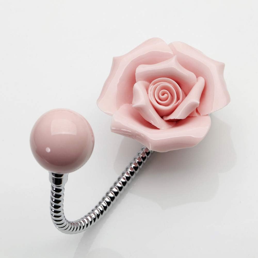 GODECOR Beautiful 3D Flower Ceramic Wall Coat Hook , Chrome Decorative Robe Hook, Scarf, Bag, Towel, Hat etc for Kitchen Bathroom Office - YL00006 (Rose Pink)