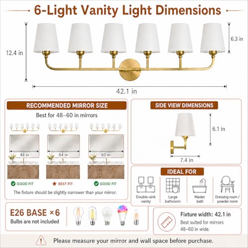 Image of Bathroom Vanity Light, Brushed Gold Bathroom Lighting Fixtures Over Mirror | 6-Light Bathroom Light Fixtures with Flared White Fabric Shade, E26 Socket (ETL Listed)