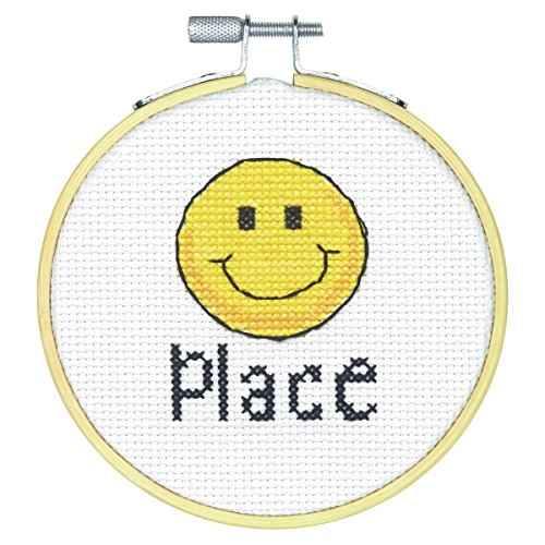 Image of Dimensions Happy Place Mini Counted Cross Stitch Kit for Beginners, 14 Count White Aida, 4''D