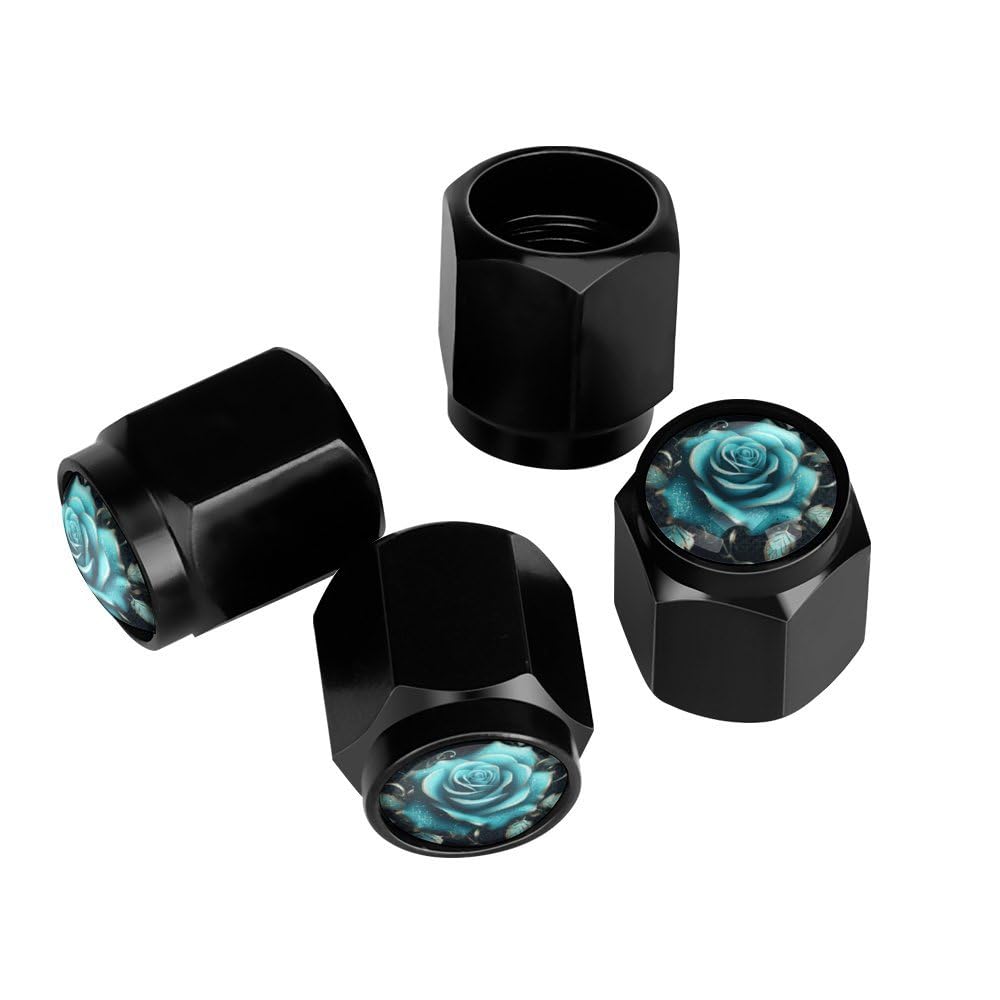 Buyidec Blue Rose Tire Valve Stem Caps Aluminum Black Stem Tire Valve Caps Universal Stem Covers for Cars SUVs Trucks Bikes Motorcycles Bicycles (4 Pack)