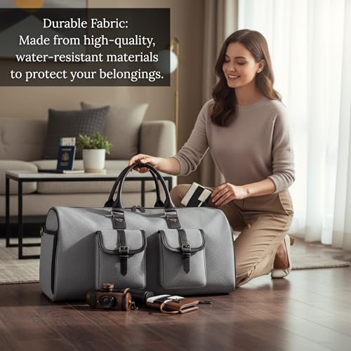 Image of 45L Travel Duffel Bag Convertible Garment Bag for Men & Women - Carry On Suit Travel Weekender Bag with Shoe Compartment, Laundry Section & Toiletry Organizer, Waterproof Oxford Fabric (Grey)