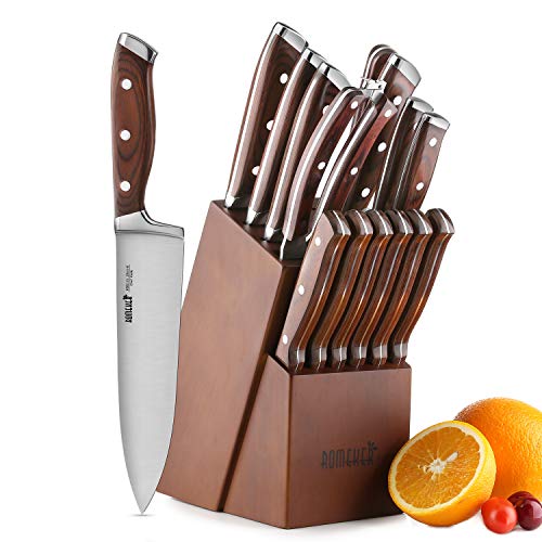 Knife Set,15-Piece Kitchen Knife Set with Block Wooden,Chef Knife Set with Sharpener,Germany High