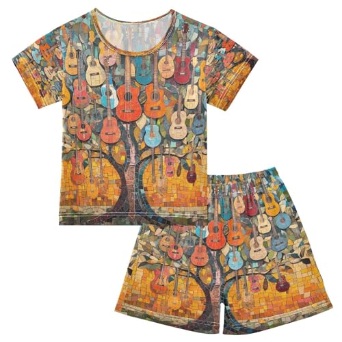 ALAZA Tree with Guitar Music Magic Pajamas Set Short Sleeve Cotton Sleepwear Summer Pjs 2 Piece 5-14Y