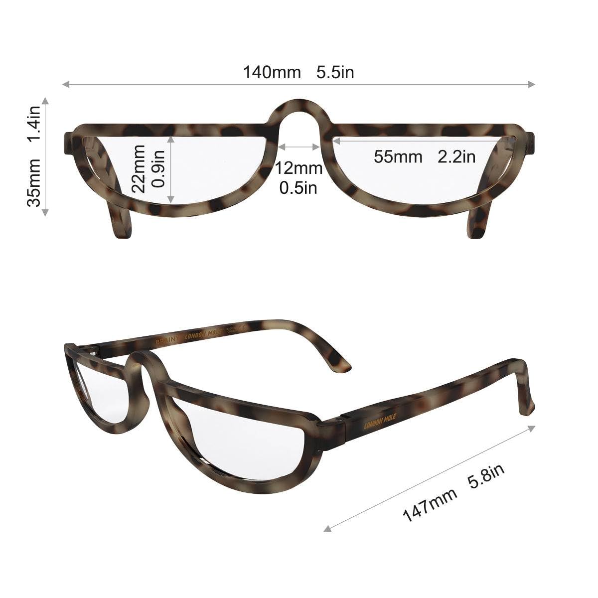 LONDON MOLE® Brainy Lunettes de lecture | Des lecteurs en demi-lune sympas | Unisex féminin masculin | Charnières à ressort