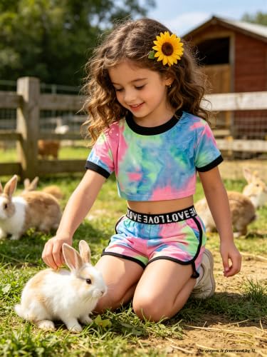 Image of Betusline Girls Summer 2 Piece Outfits,Kids Short Sleeve Crop Top & Shorts Set with Side Pockets