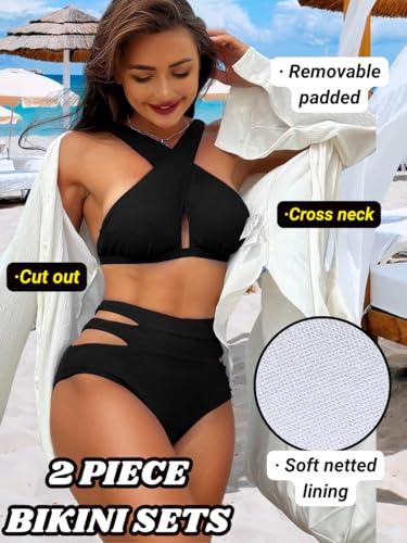 Kaei&Shi Bikini Sets for Women Full Coverage Bottoms,High Waisted Bathing Suit,Cut Out Criss Cross Two Piece Swimsuits2