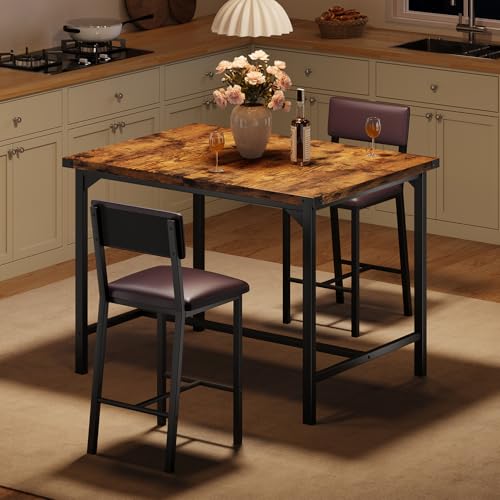 GarveeHome Dining Table Set for 2 W/Footrest & Backrest, Counter Height Table with 2 Upholstered Bar Chairs, Kitchen Table Set with Corner Protector, for Small Space, Retro Brown