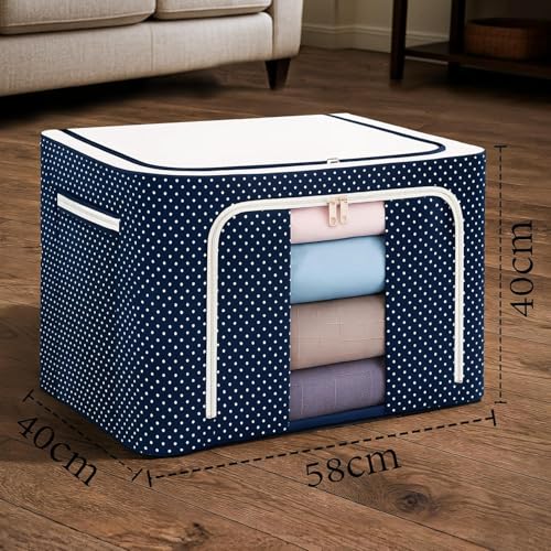 Image of CLAPONE Foldable Steel Frame Cloth Organizer Storage Box and Organiser /Wardrobe Organizer for Storage /almirah for Sarees /Shirts /Blankets /Clothes Storage Box (Blue, 100 Ltr - Pack of 4)