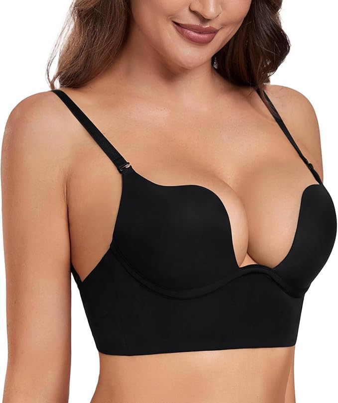 Image of Brachy Womens Low Back Wire Lifting Deep U Shaped Plunge Backless Bra with Convertible Clear Straps Every Day Bra