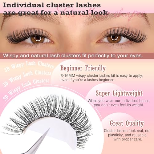 Image of Natural DIY Lash Extension Kit Wispy Lash Clusters D Individual Lashes 20D+30D 280Pcs Lash Clusters Kit 8-16mm Eyelash Extension Kit by FANXITON