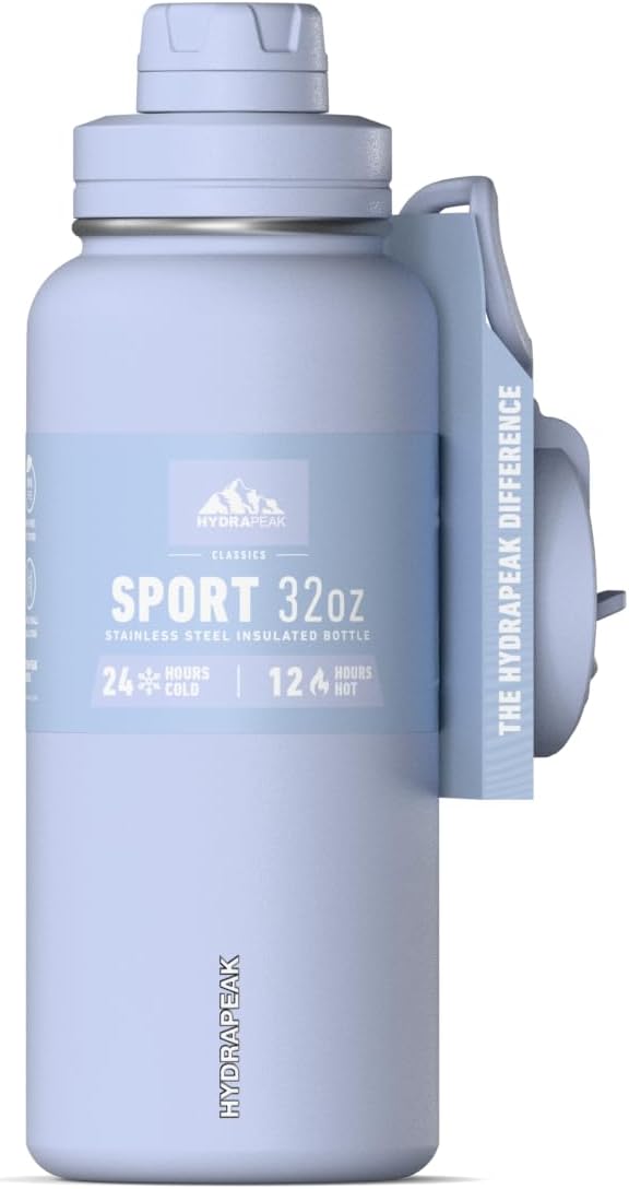 Hydrapeak 32oz Sport Insulated Water Bottle with Straw & Chug Lid, Leak & Spill Proof, Keeps Drinks Cold for 24 Hours, Hot for 12 Hours, Premium Stainless Steel Water Bottles (32oz, Iceberg)