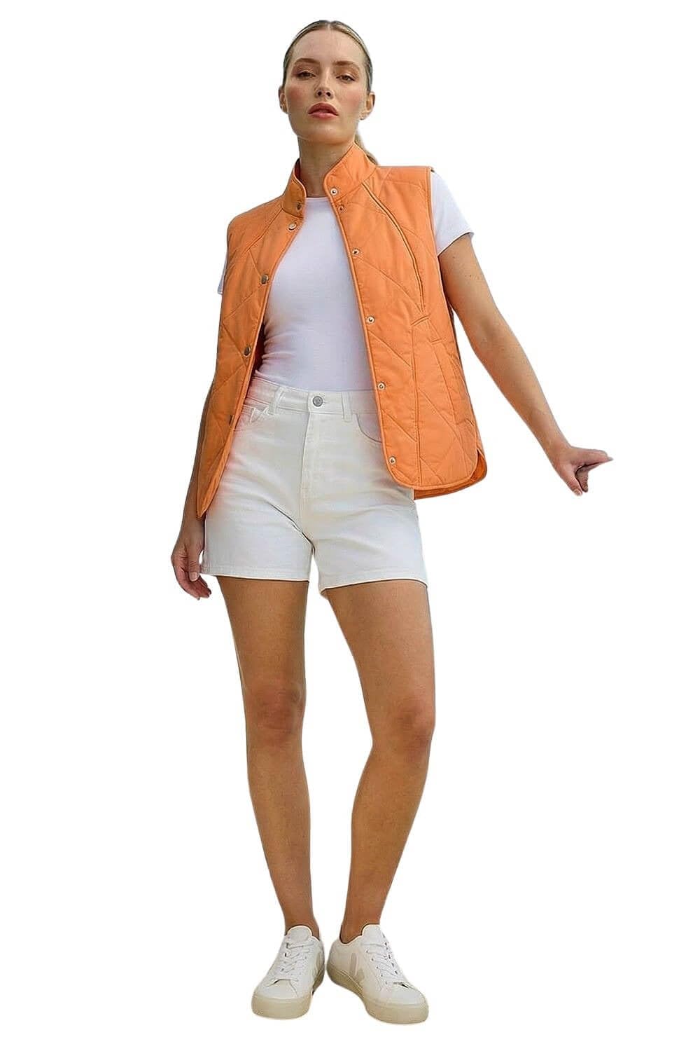 Roman Originals Women's Orange Roman Diamond Quilted Funnel Neck Gilet For Uk - Spring Everyday Summer Holiday Button Up Comfy Sleeveless Soft Pocket Detail Coat Daily Farm Jackets - Size 14