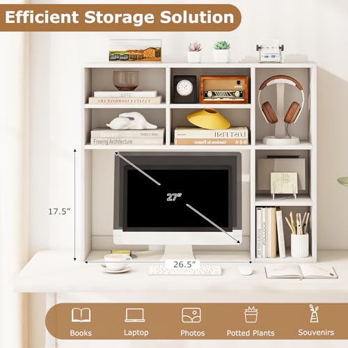 Image of Tangkula Desktop Bookshelf, 37 inch Countertop Storage Hutch with 7 Cubes & 3 Adjustable Shelves, 3-Tier Desk Display Rack Organizer, Multipurpose Wood Desktop Hutch for Dorm Home Office (White)