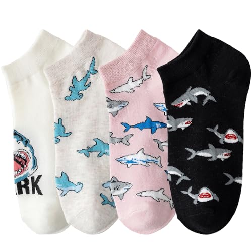 WIASLTS 4 Pairs Cute Cartoon Pattern Cotton Ankle Socks for Adult Women & Teens (US Alpha One Size Regular Regular Shark Pattern)