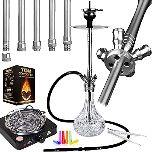 Aladin Shisha MVP 670, Edelstahl-Shisha-Set mit Diffusor, Schliff, Closed Chamber, Bundle mit TOM Gold Naturkohle…
