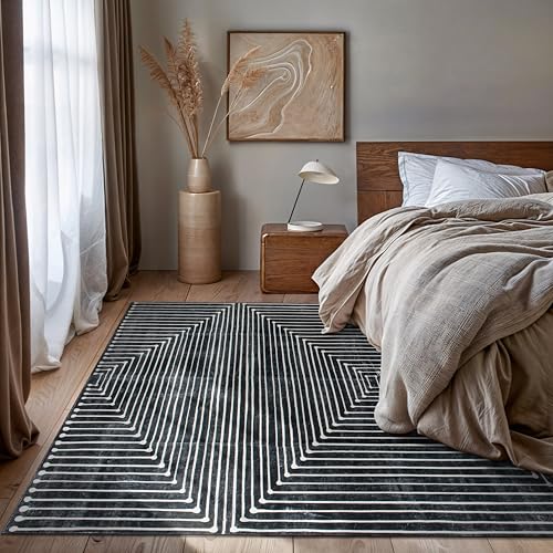 Rugshop Marbella Bohemian Stripes Washable Non Slip Area Rug 8' x 10' Black