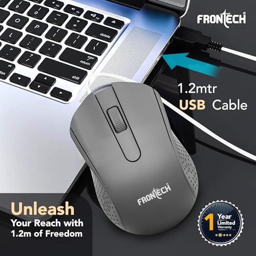 Image of FRONTECH Wired USB Mouse | 3 Handy Buttons | Scroll Wheel 1200 DPI | MS-0103 Wired Optical Mouse (USB 2.0, Grey)