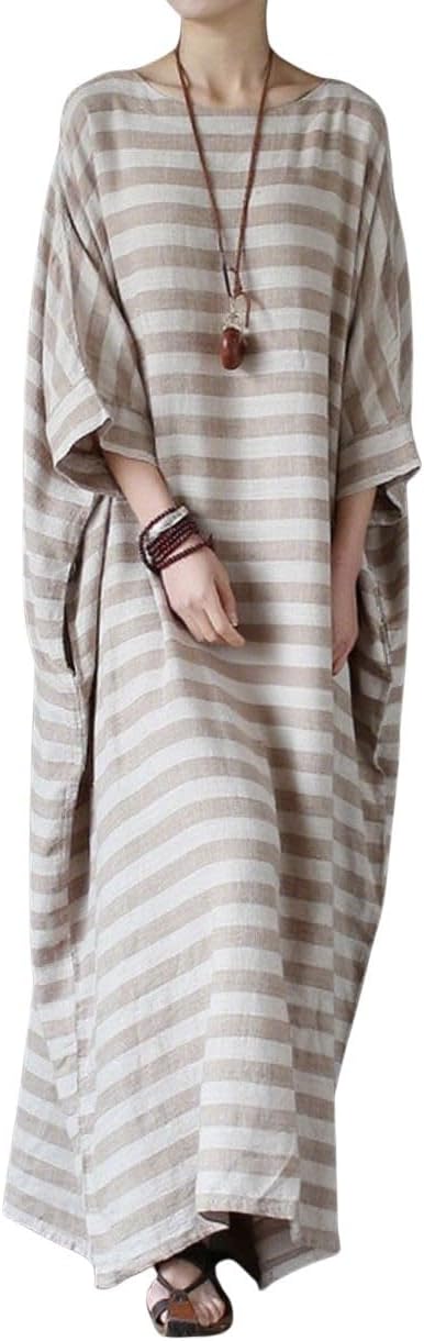 chouyatou Women Loose Half Sleeve Cotton Linen Dress Striped Crewneck Maxi Long Kaftan Dress with Pocket