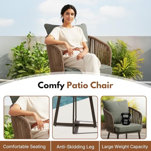 Image of DEVOKO Outdoor 3 Pieces Wicker Patio Garden Furniture Set with Weather Resistant Rattan & Rust Proof Metal Frame Water repllent Cushions(Dark Brown & Dark Grey)