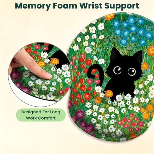 Image of ZORBES Ergonomic Mouse Pad with Wrist Support, Black Cat Floral Memory Foam Wrist Rest Mouse Pad, Non-Slip Base Smooth Surface Desk Mat for Office, Gaming & Home Workspace