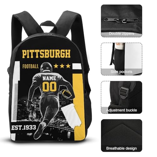 Pittsburgh Backpack for Boys Girls School Bookbag Lunch Box Pencil Bag 3 in 1 Set Custom Sports Backpacks Add Name Number Travel Bag Gifts For Fans 17in3