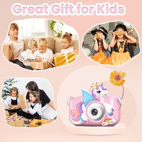 Image of BIGASUO Kids Digital Camera Compact Unicorn Design Selfie Camera Video Recorder Photo Capture Games 64GB SD Card 2.0 Inch Screen for Girls Boys 4+ 5 6 7 8 (1204) (Black, B09)