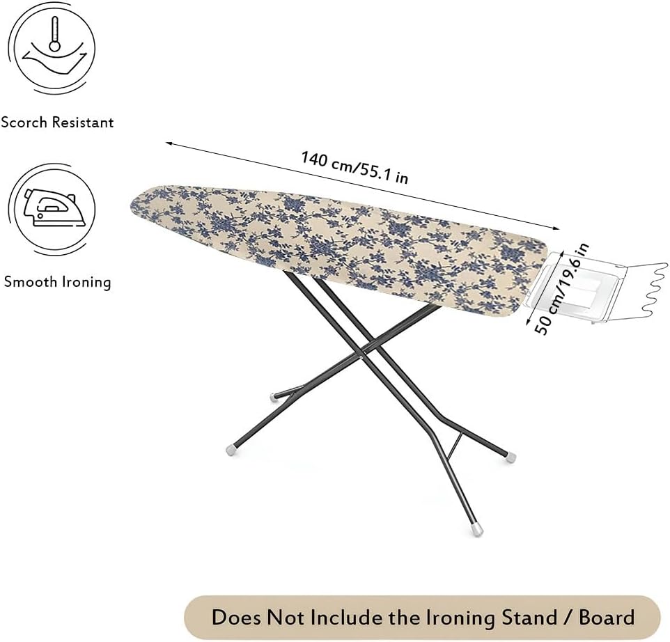 Retro Floral Ironing Board Cover with Elastic Edge Drawstring Tightening, Washable, for Effortless Ironing Experience(Blue)