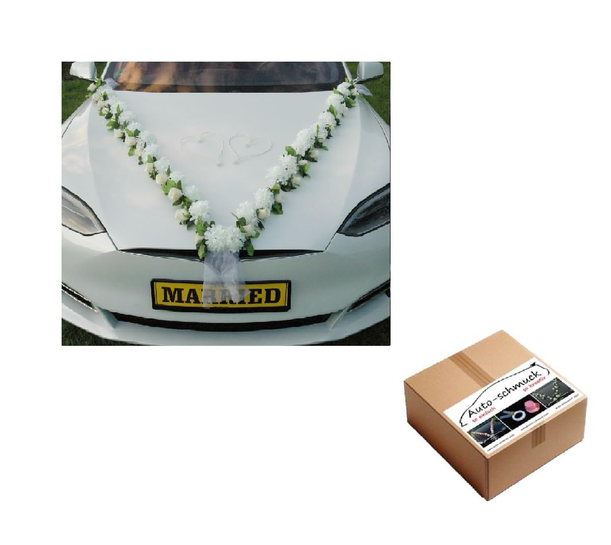 VIP Girlande 30 Azaleen 30 Rosen 18 extrastarken Saugnäpfen 2 x 180 cm Girlande 4 Türgriffdekorationen 2 Rattanherzen Braut Paar Autoschmuck Hochzeit Car Auto Wedding PKW ®Auto-schmuck (Azaleen 6)…